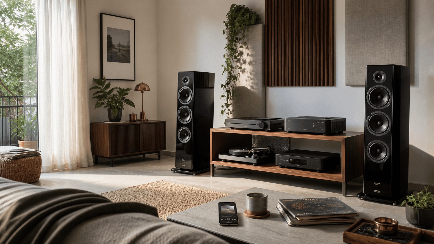 A modern home listening room with a stereo system and floorstanding speakers