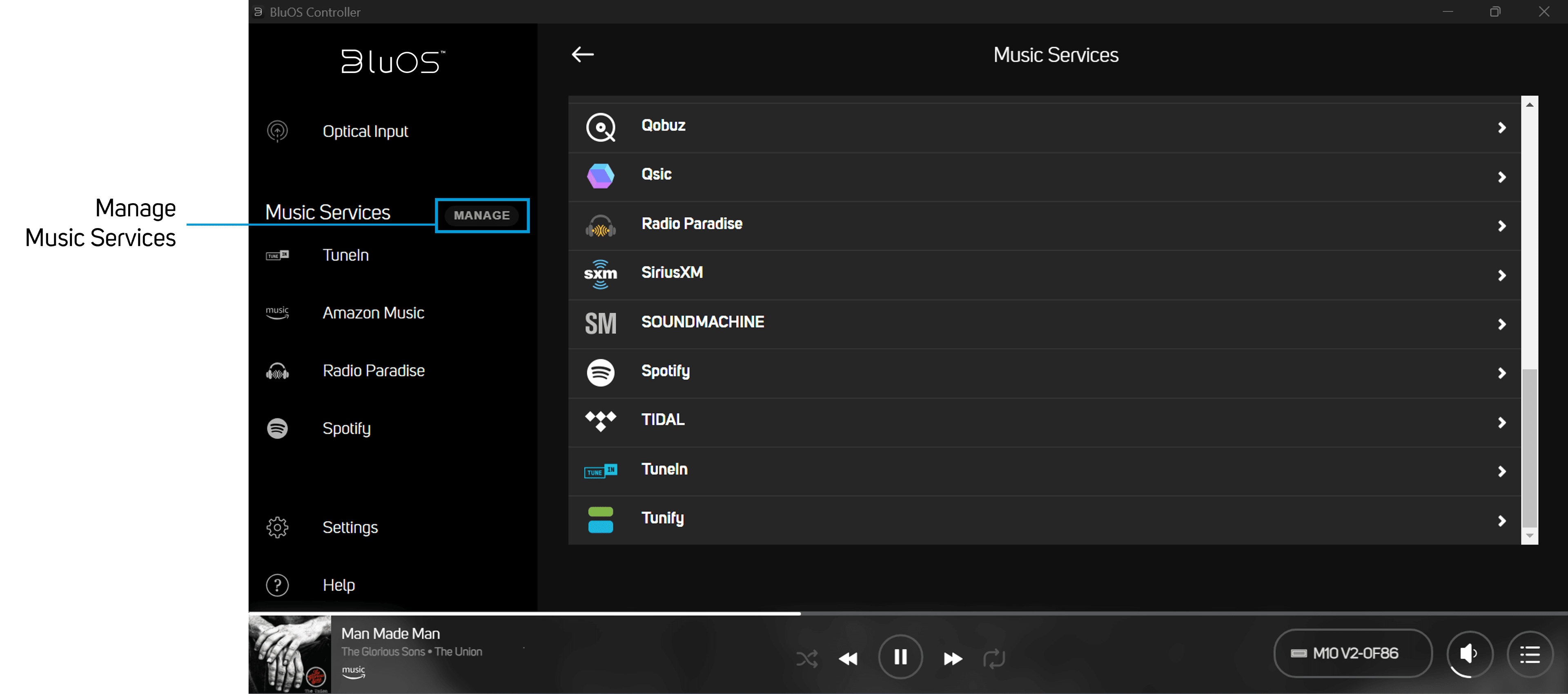 BluOS Controller Music Services list showing Qobuz and TIDAL