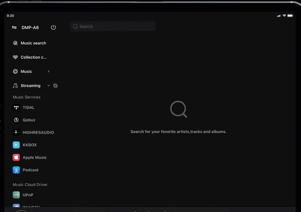 Eversolo Control Streaming screen showing TIDAL and Qobuz under Music Services