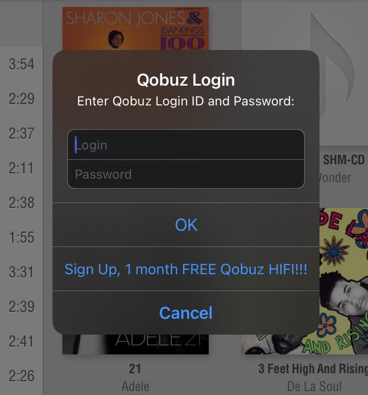 Qobuz login dialog inside the LUMIN app