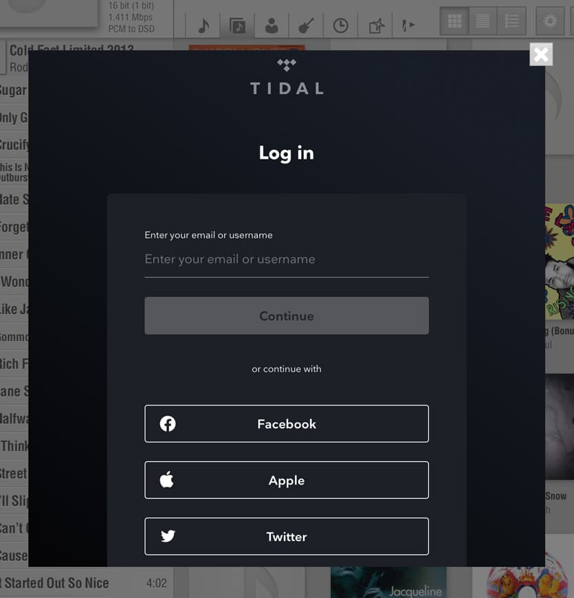 TIDAL login dialog inside the LUMIN app