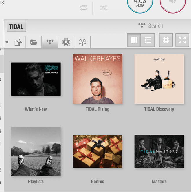 TIDAL browse panel inside the LUMIN app