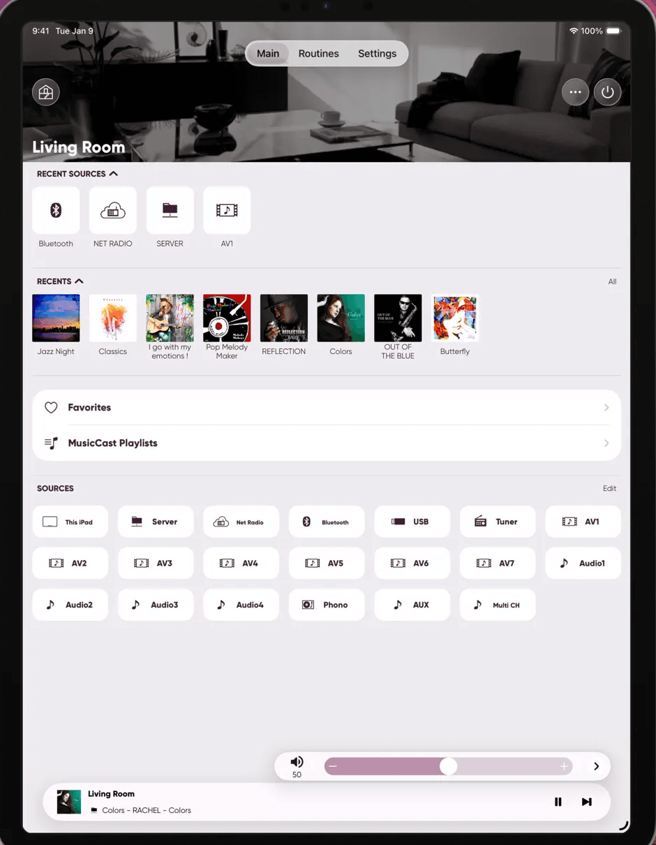 MusicCast Controller main screen for a Living Room Yamaha device