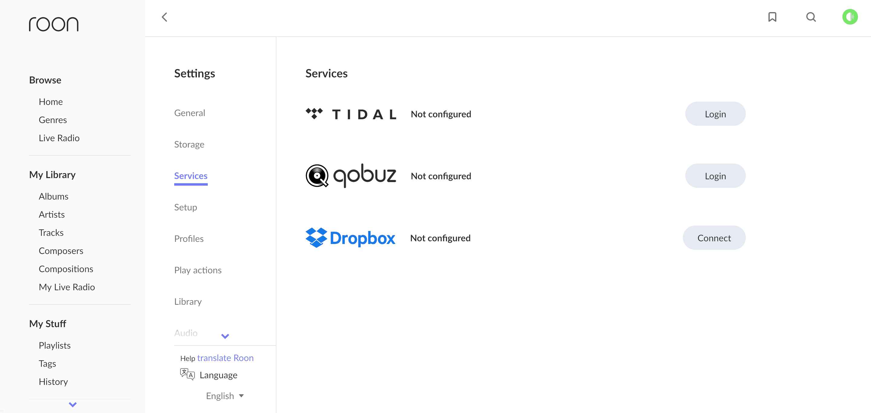 Roon Settings Services screen showing login buttons for TIDAL and Qobuz