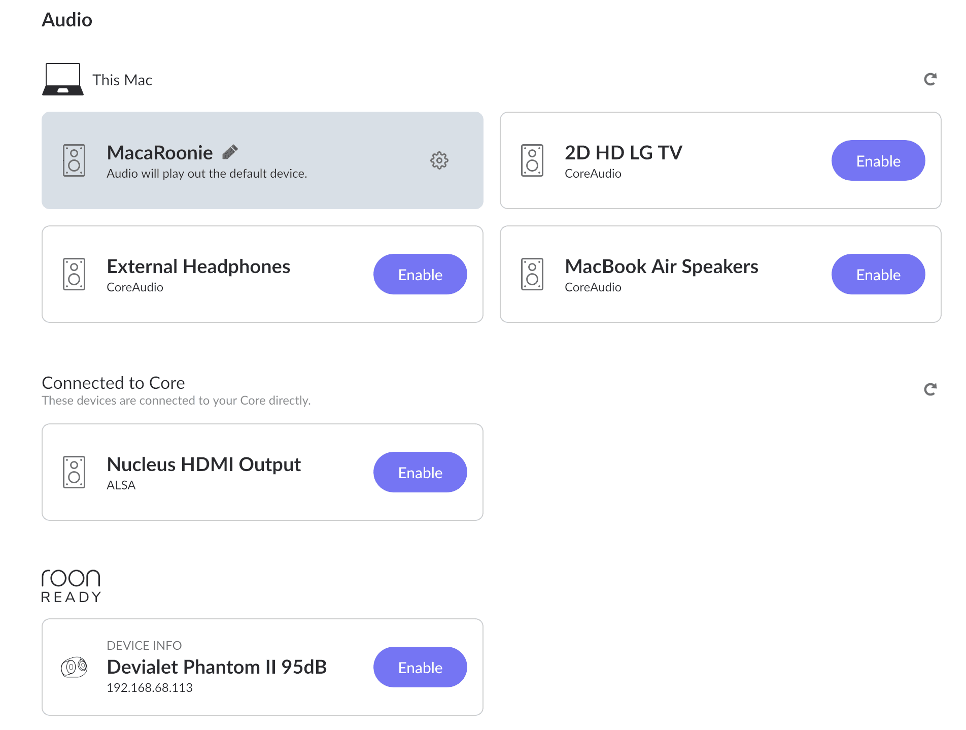 Roon Audio settings showing detected outputs with Enable buttons