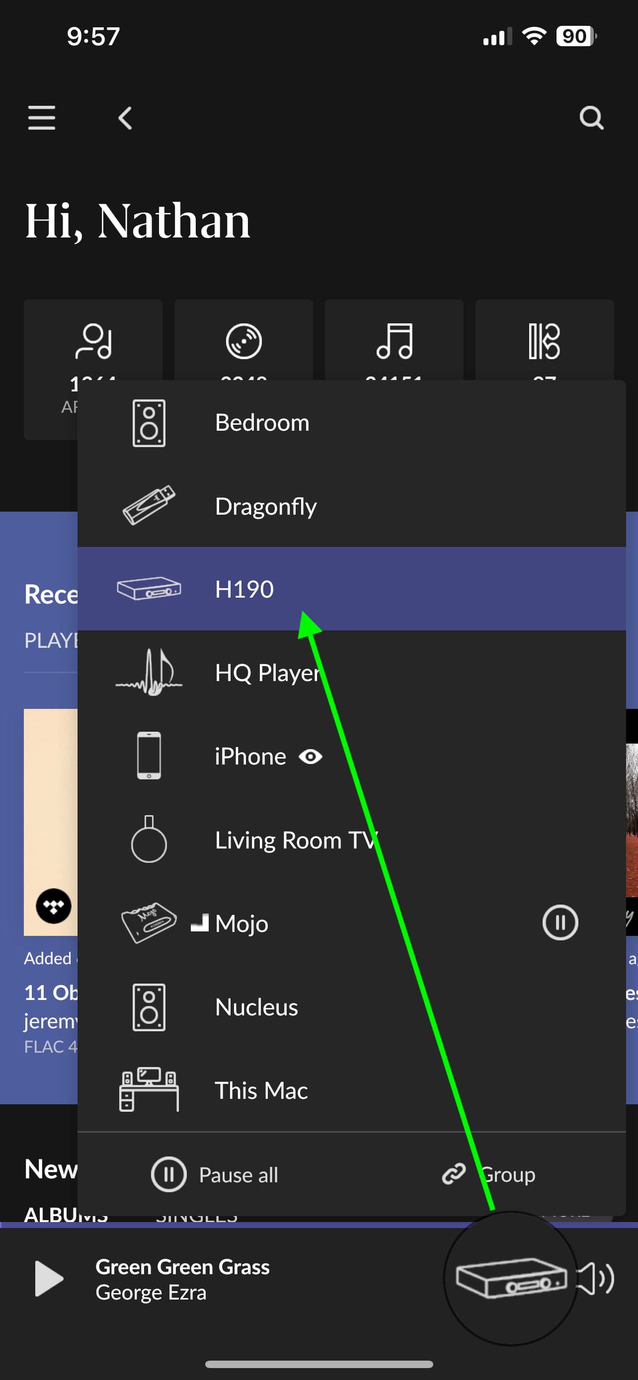 Roon zone picker showing several available playback devices