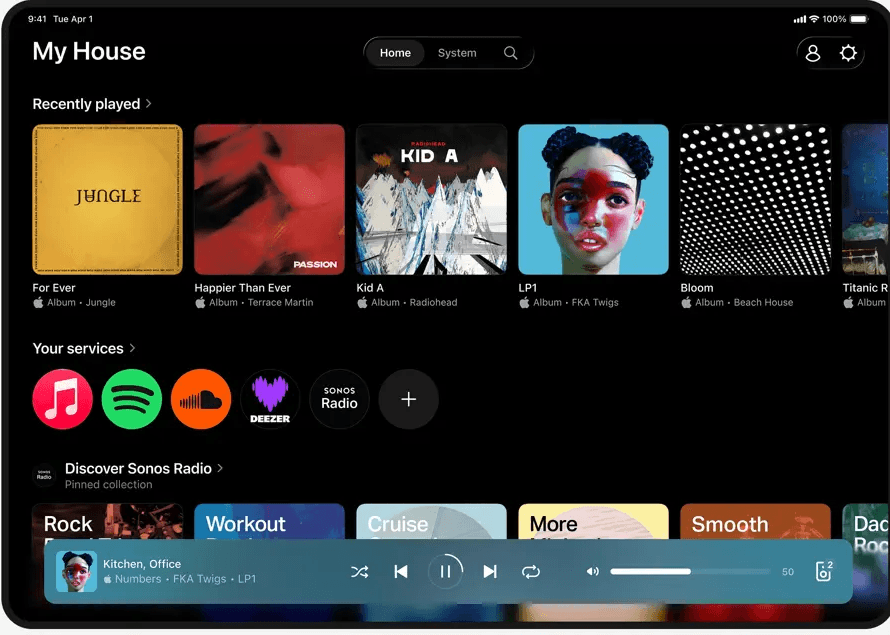 Sonos Home screen showing the account icon and Your services row