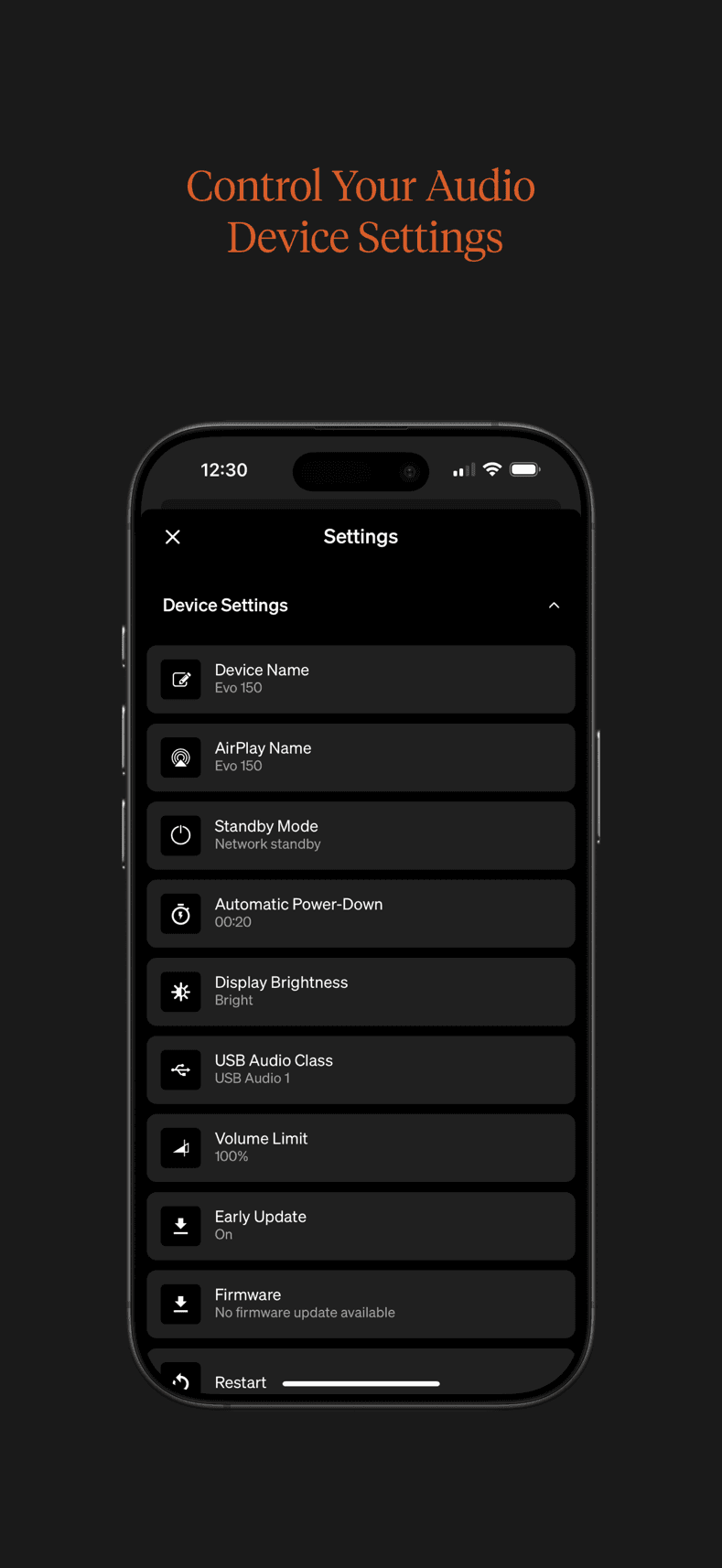 StreamMagic device settings showing firmware and player controls