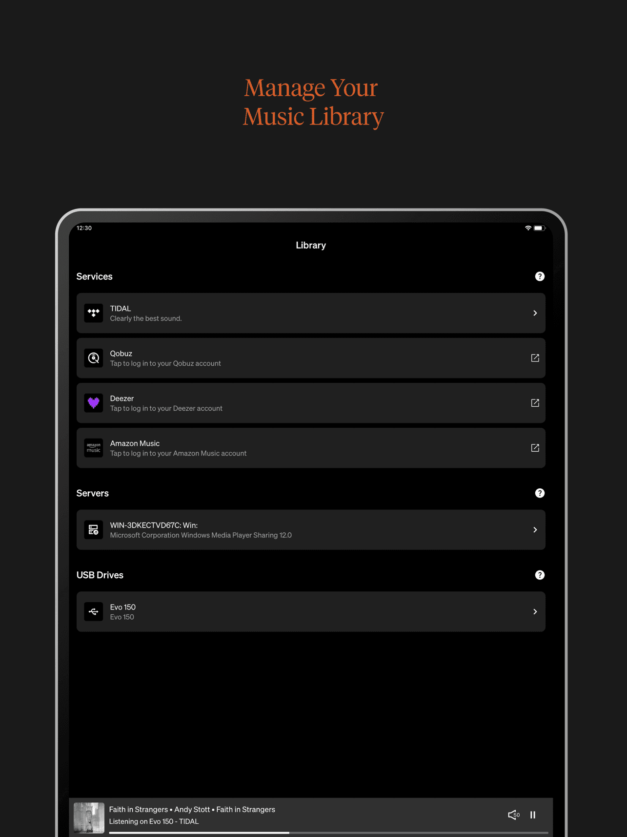 StreamMagic Library screen showing TIDAL and Qobuz under Services