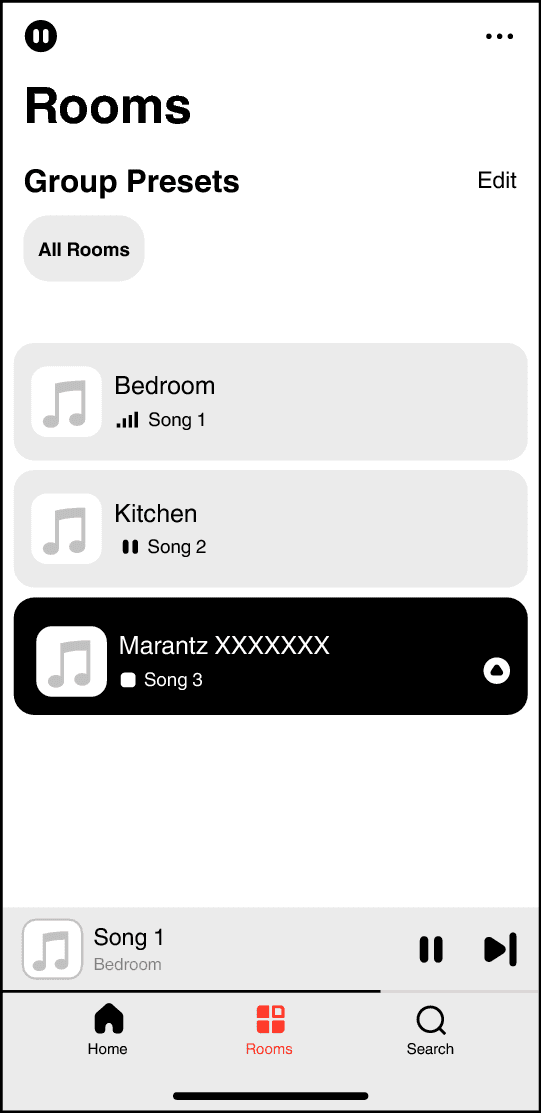 HEOS Rooms screen with a Marantz receiver selected
