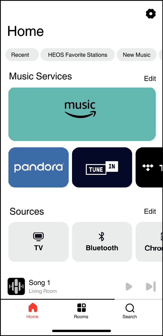 HEOS Home screen with the Music Services section